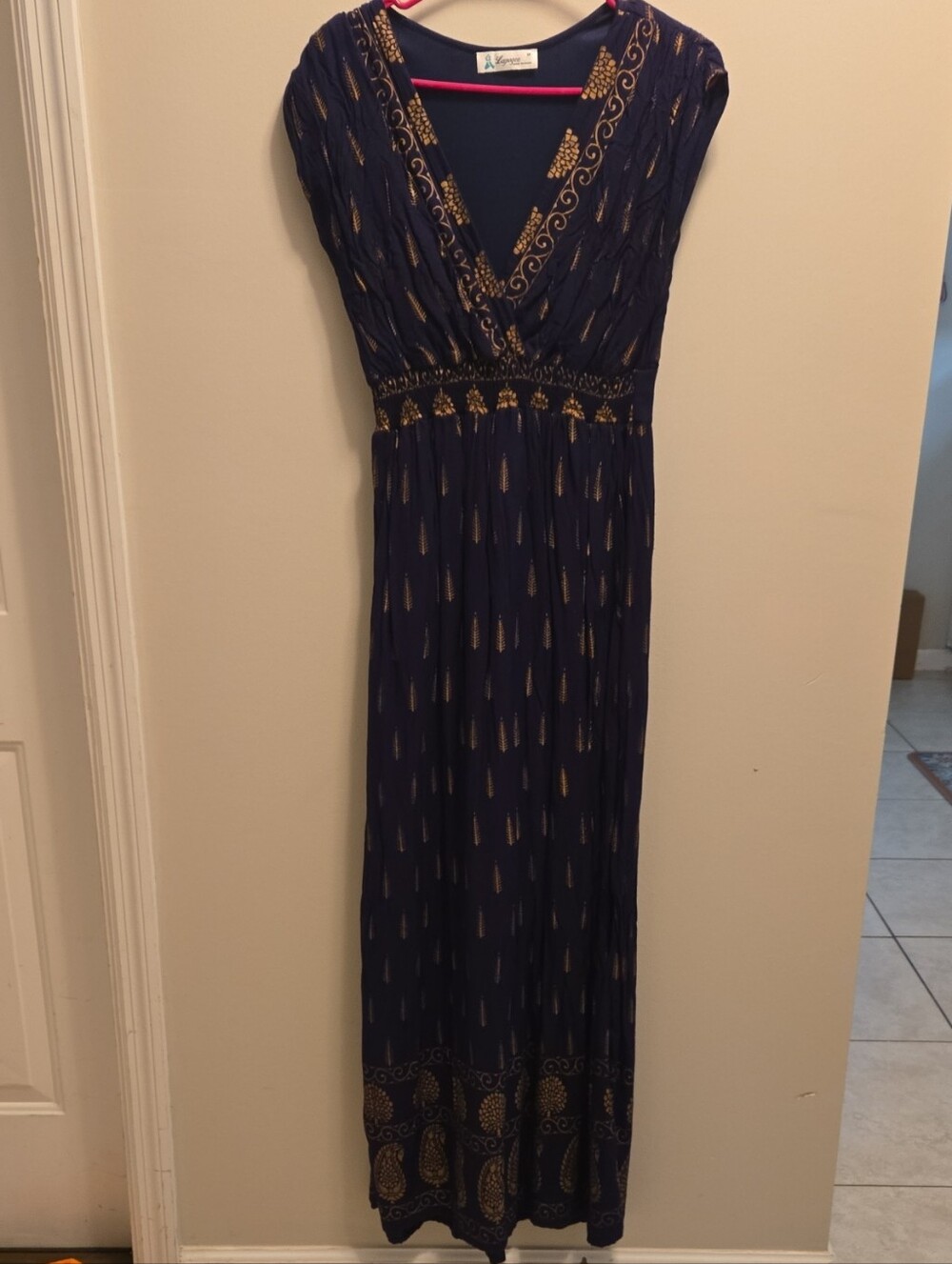 Boho Navy and Gold Embellished V-Neck Maxi Dress